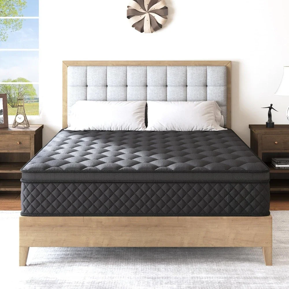 Mattress, 14 Inch Hybrid Mattress Black, Euro Top Mattress Medium Firm for Back & Lumbar Support, 100 Night Trial, Individ