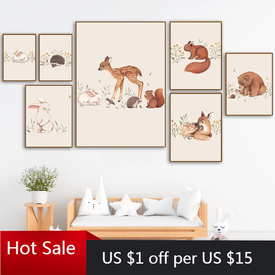 Deer Rabbit Squirrel Bear Hedgehog Fox Mouse Wall Art Canvas Painting Nordic Posters Prints Wall Decor Pictures Baby Room Decor