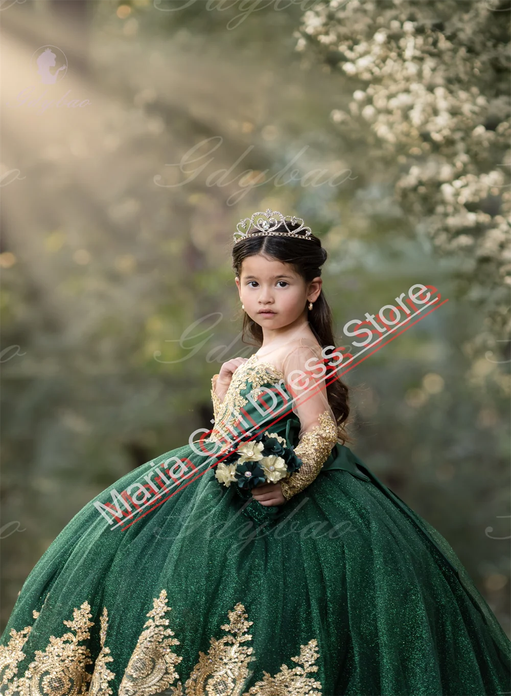 Elegant Dress For Girl Gold Lace Appliqué Emerald Green Flower girl dress Long sleeves With Tulle Suitable For Prom Pageants Bir