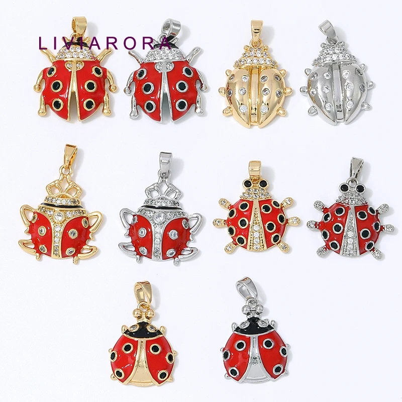 1Pc 18K Gold Plated Brass Red Black Enamel Ladybug Pendants Inlaid Zircon Lucky Beetle Bug Insect Charms For DIY Jewelry Making
