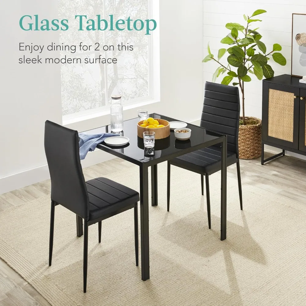 3-Piece Glass Dining Table Set, Space Saving, with Glass Top, 2 Upholstered PU Chairs, Metal Steel Frame - Black