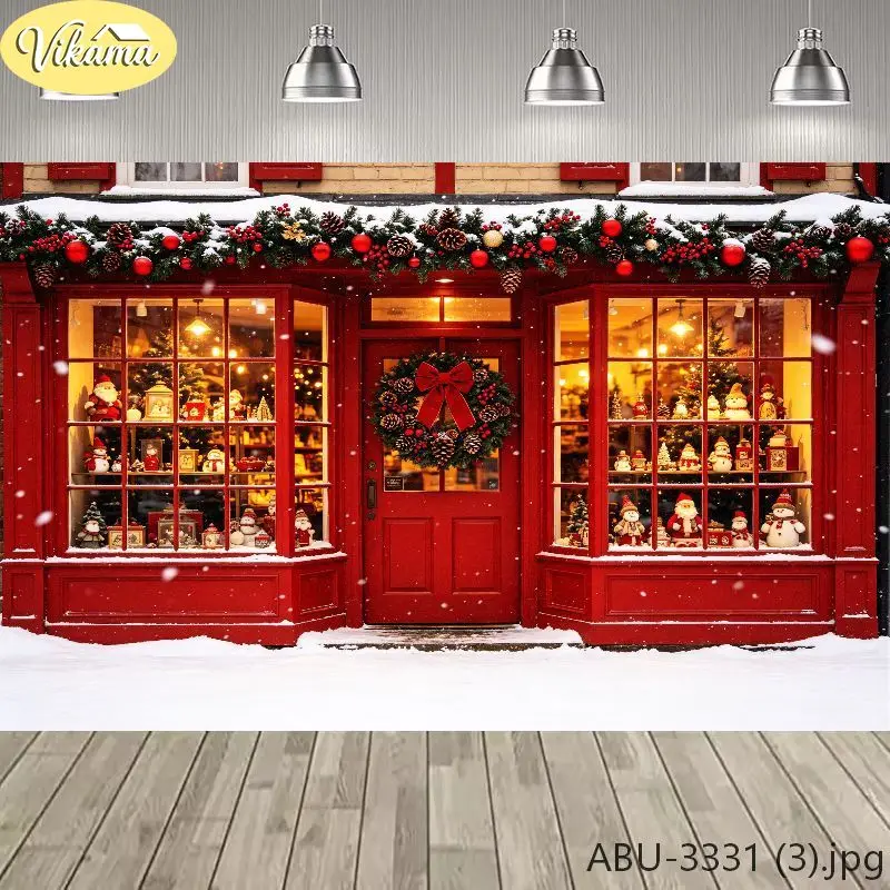 VIKAMA Christmas Red Shop Tapestry, Snow Scenery Red Shop Wreath Background Cloth, Party Wall Decor