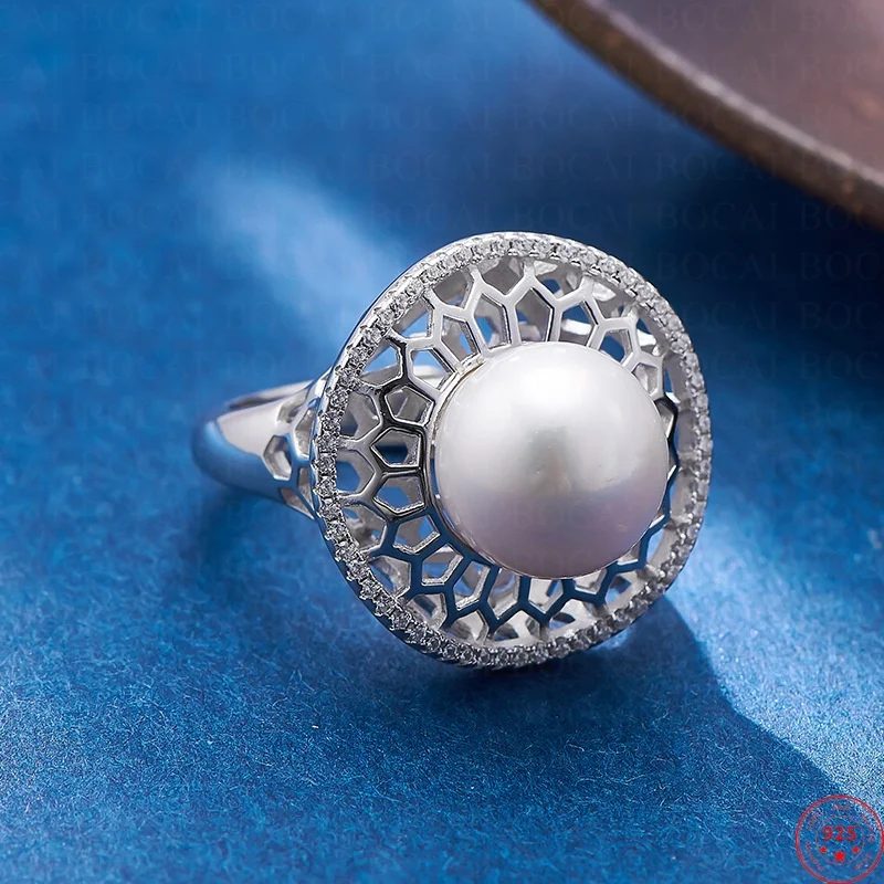 

S925 Sterling Silver Charms Rings for Women Men Palace Style Hollow Pattern Freshwater Pearl New Fashion Jewelry Free Shipping