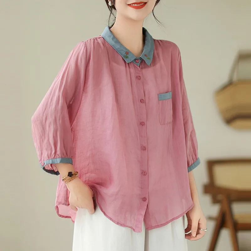 Women Summer Casual Shirt New Arrival 2024 Vintage Style Solid Color Basics Loose Thin Female Cotton Tops Shirts B3617