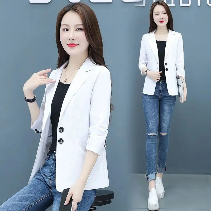 Women Spring/summer Slim Small Suit Short Green Quarter Sleeved Jacket, Thin Casual Solid Color Top, Versatile And Trendy Blazer