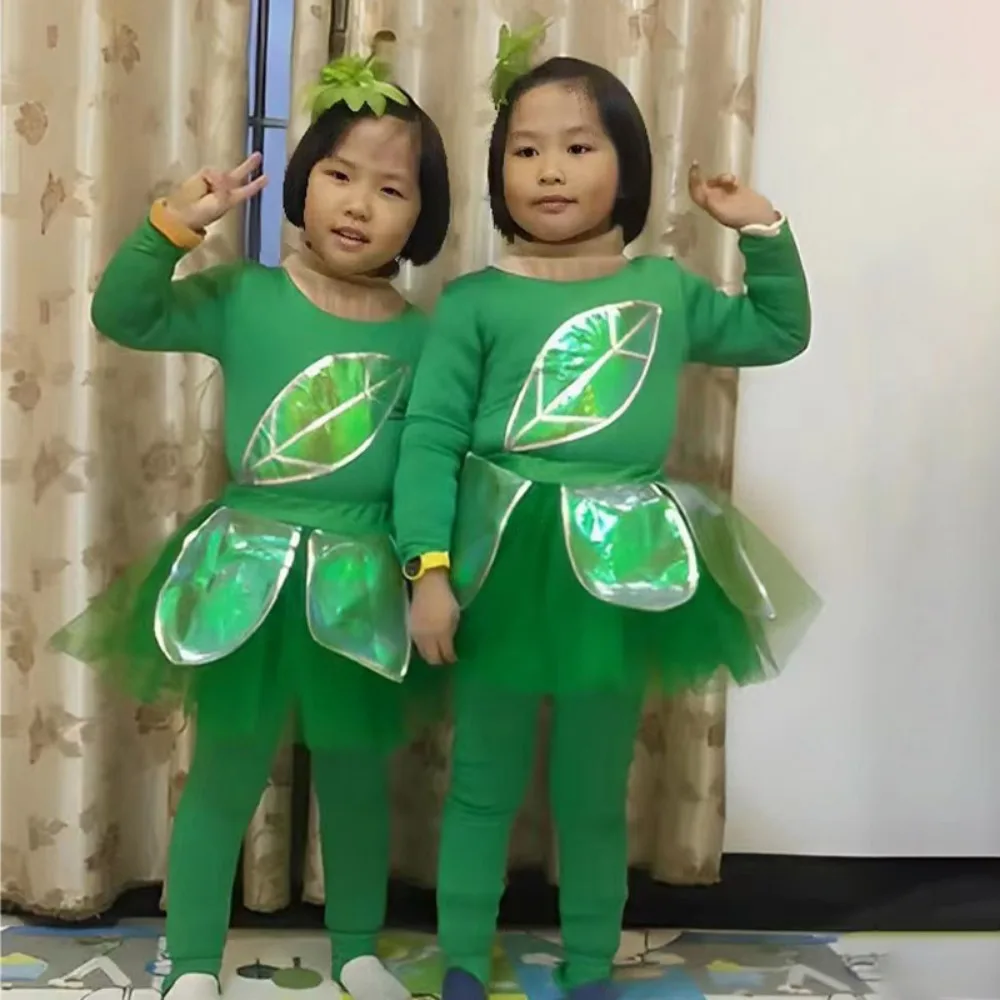 Earth Day Girls Costume Eco-Friendly Forest Conservation Costumes with Green Leaf Design for Children\'s Grass Dance