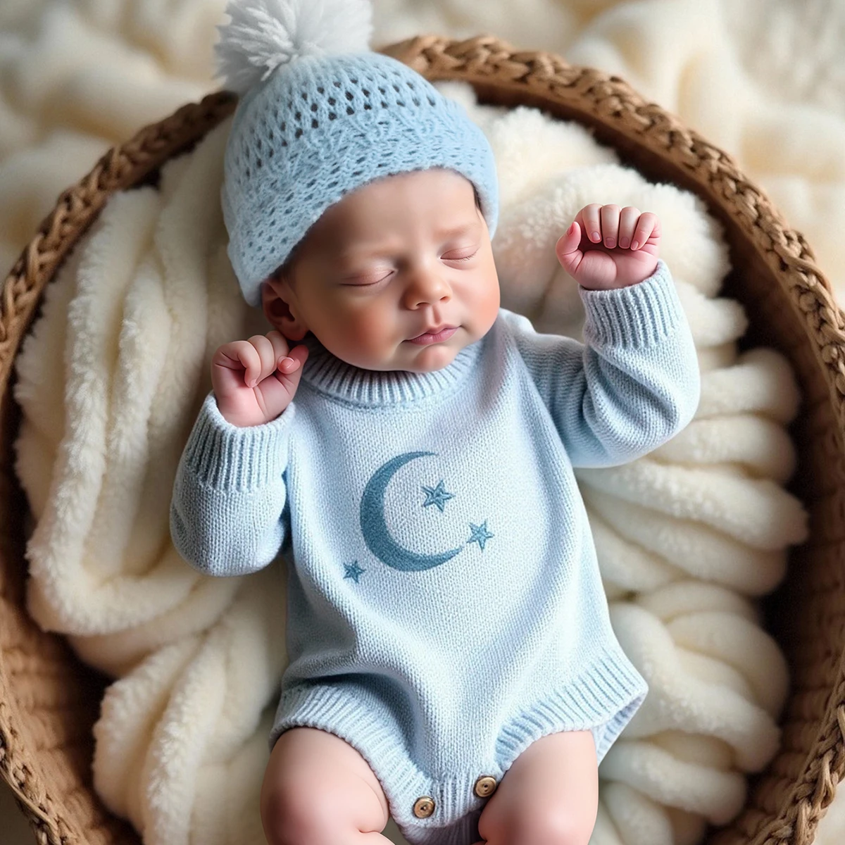 Ylsteed Knitted Newborn Photography Outfits Embroidery Moon Star Romper with Pom Hat  Baby Boy Girl Jumpsuit for Photo Shooting