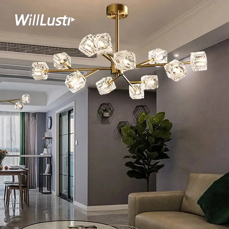 Crystal Square Shade Pendant Lamp Copper Luxury Suspension Light Hotel Mall Sitting Bedroom Molecular Hanging Ceiling Chandelier