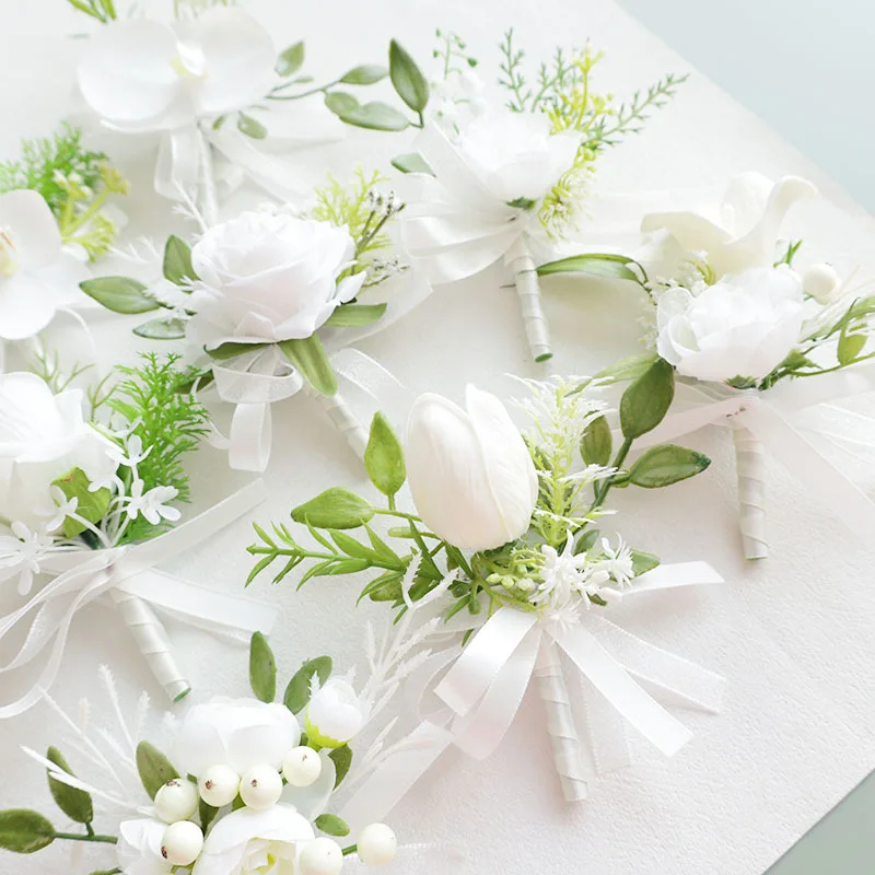 

25062 White Bohemian Rose Flower Corsage & Wristlet Set - Perfect for Brides, Groomsmen, and Wedding Decorations