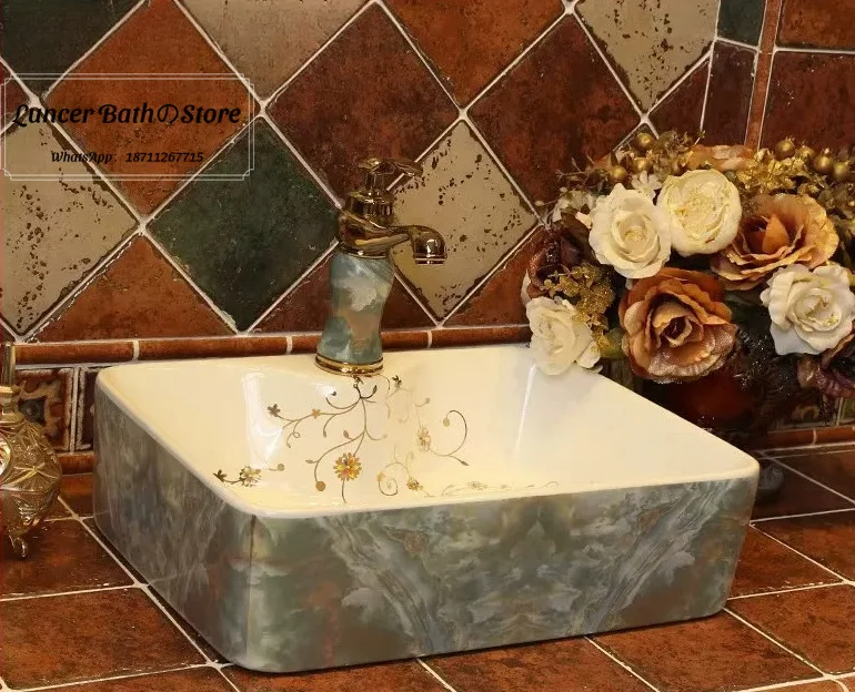 Ceramic Art Countertop Basin, European Style Hand Wash Sink for Bathroom, Balcony, Home Vanity Washbasin
