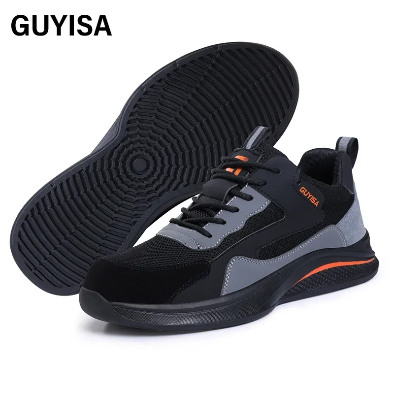 GUYISA Men Safety Shoes Steel Toe Super Soft Black Anti Smashing and Anti Stabbing Men Work Sneakers Size 37-45