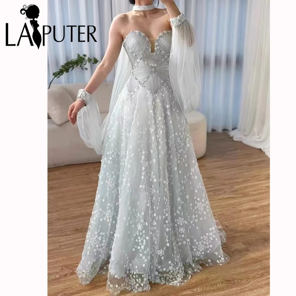 

Роскошные пыльно-синие цветы платья для выпускного вечера Длинные вечерние платья с лямкой на шее и лентой с заниженной талией и рюшами из бисера с цветами Вечернее платье Laiputer