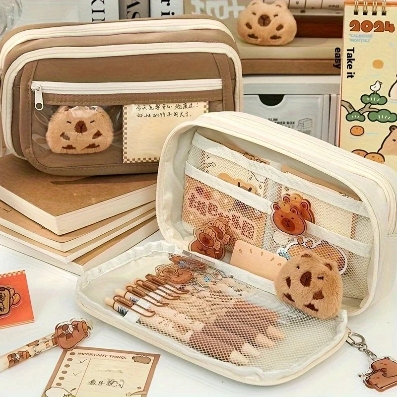 7Pcs Cute Capybara Canvas Pencil Case Set with Doll Stickers Spacious Layered Compartment Zipper Closure Back to School Supplies