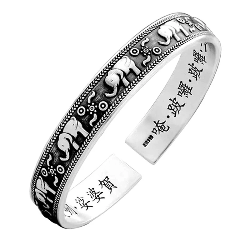 Foxanry Elephant Pattern Sutra Cuff Bracelets For Women Couples Fashion Vintage Ethnic Personality Domineering Birthday Jewelry