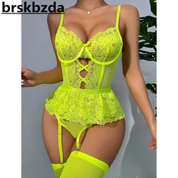 Brskbzda nowe Body Neon zielony z pończochami Sexy bielizna damska koronki erotyczne wzburzyć w kształcie serca haft luksusowe kombinezon