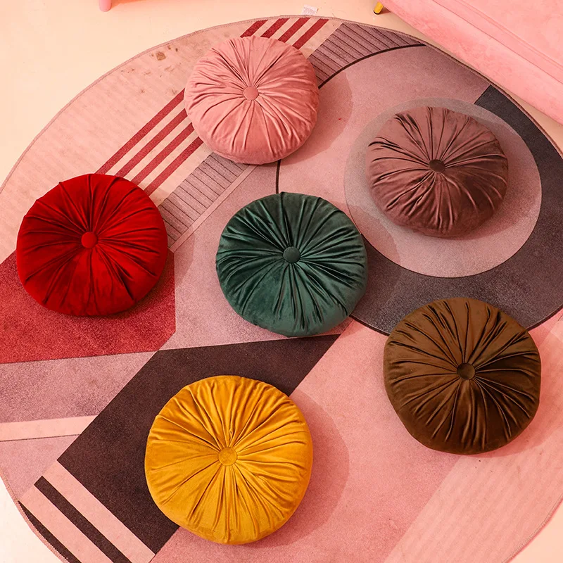 Round Pleated Seat Cushion Velvet Fabric, Sofa Bed Pillow, Pouf Throw, Backrest, Home Decor, 35cm