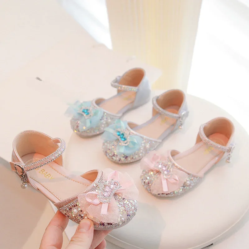 2024 Summer Girls Sandals Bling Star Sequins Princess Shoes Kids Party Rhinestone Crown Prom Shoes Girls Pearl Footwear