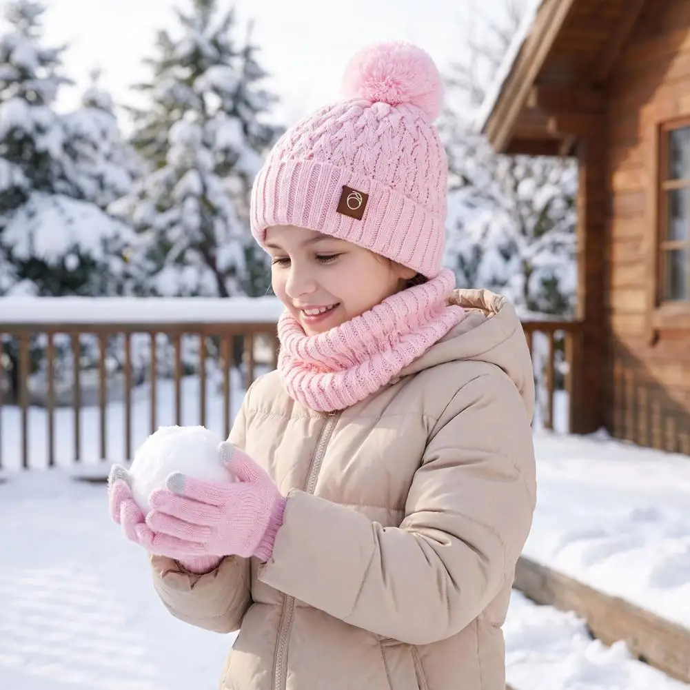 Kids Thermal Knit Beanies Neck Warmer Mittens Kids Winter Hat Scarf Gloves Set Fleece Lined Beanies Neck for Boys for Boys