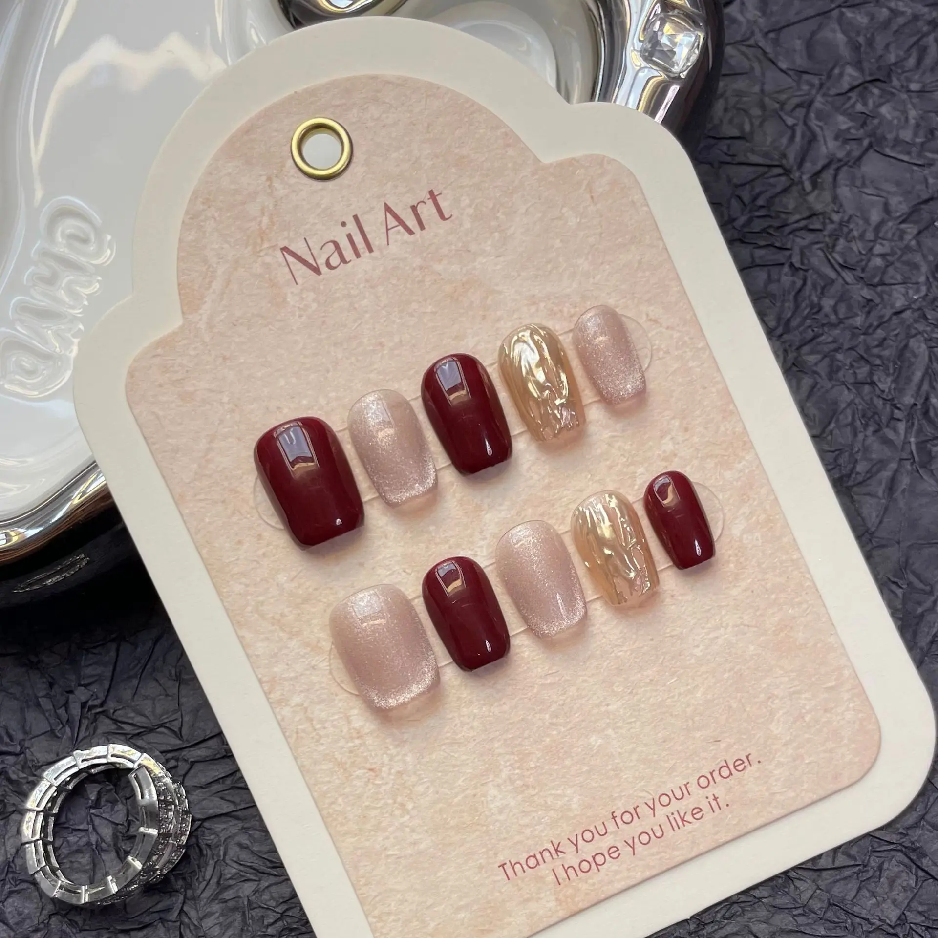 

10pcs Handmade Press on Nails Cherry Red Whitening Gilded Cat's Eye Full Coverage Nail for Women&Girl Removable Wearable Nail