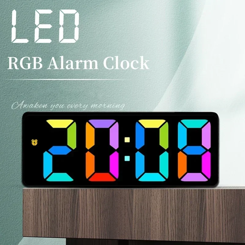 

9 Colors Dynamic RBG Digital Alarm Clock Date 3 Levels Volume Snooze Table Clock 4 Levels Brightness 12/24H Electronic LED Clock