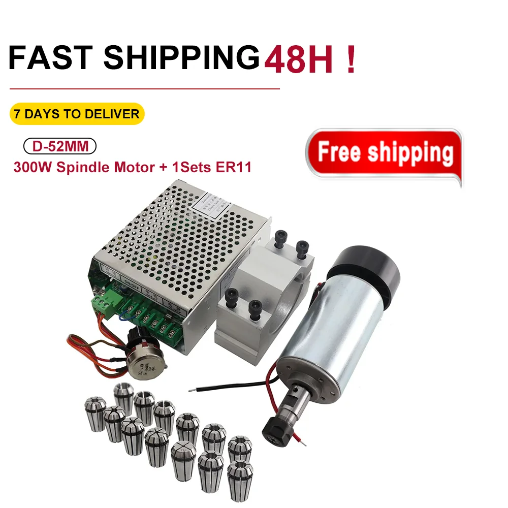 CNC 300W Spindle Motor + 1Sets ER11(1-7mm 13Pcs ) chuck +52mm Mount Bracket + spindle power supp For PCB Engraving