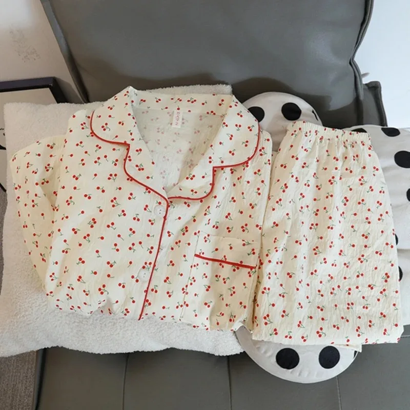 Conjuntos de pijamas de cerezas para mujer, ropa de dormir de primavera, conjuntos para mujer, cárdigan con solapa, conjunto de 2 piezas, pijama bonito y dulce para mujer, traje para casa