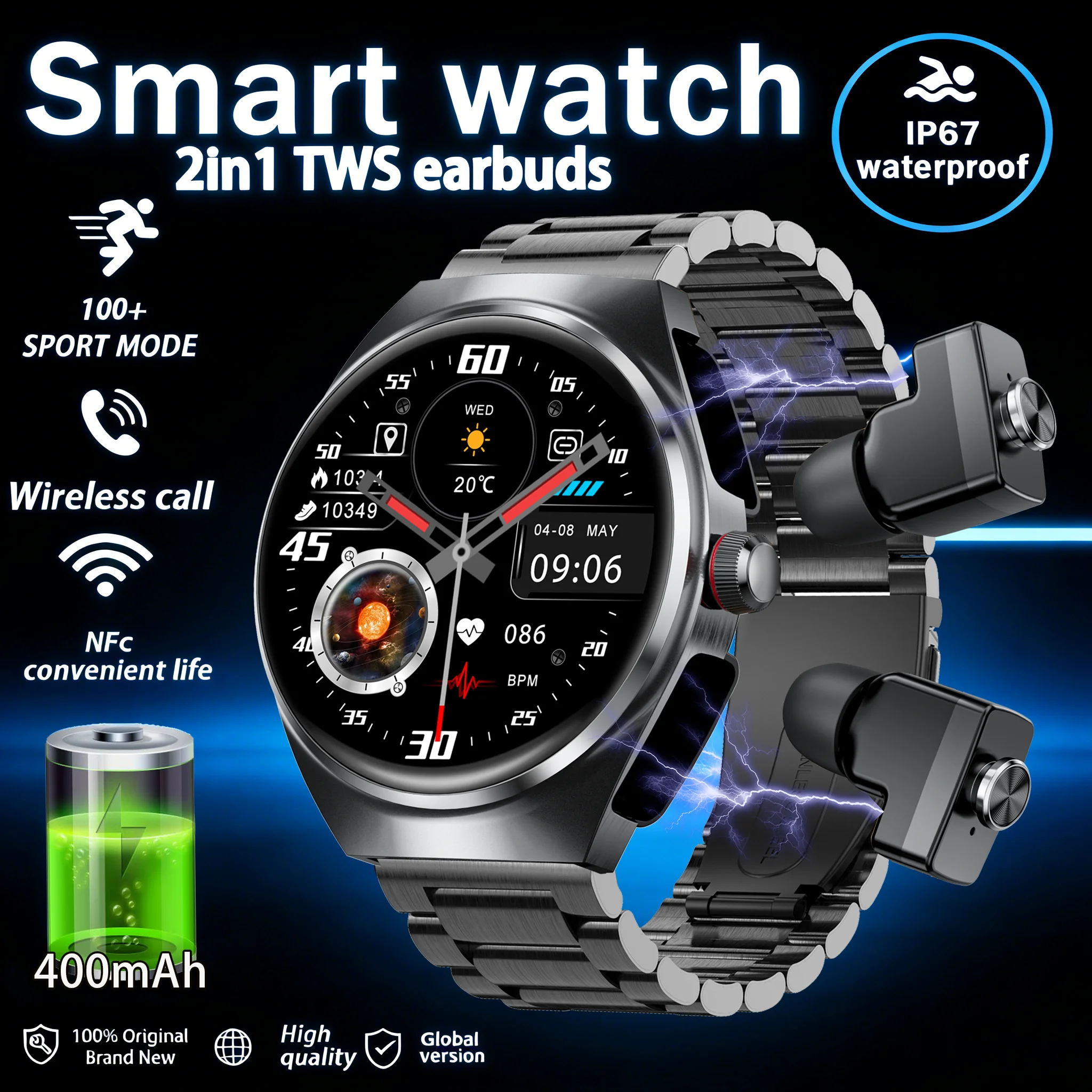 2026 New Smart Watch 2 in 1 With Earphone Smartwatch Bluetooth Call Men Watch Track Heart Rate Monitor Play Music SmartWatch