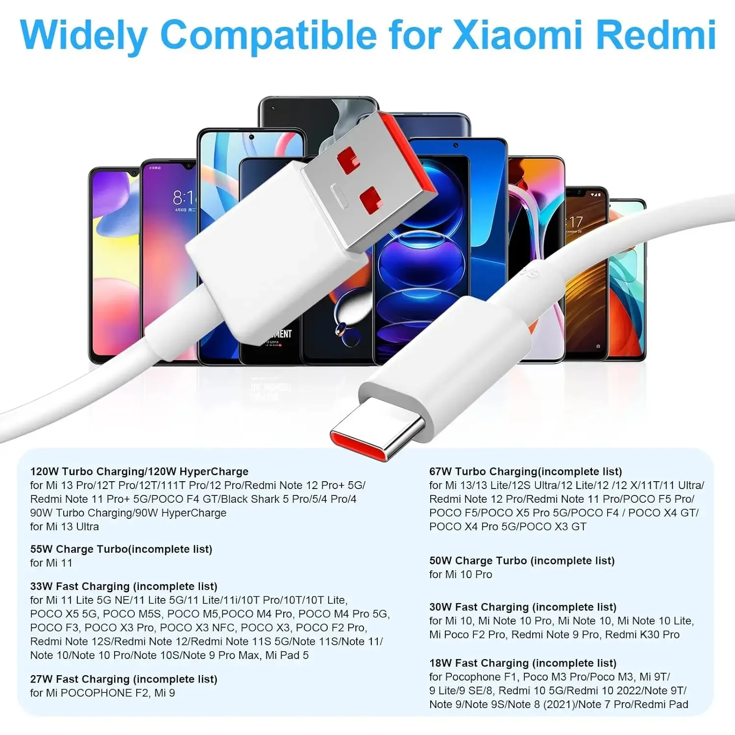 120W 100W 90W 67W 6A Turbo Fast Charging Type C USB Cable For Xiaomi 11 12 13 14 15 17 Redmi Note 11T 12 13 14 POCO X5 X6 X7 Pro