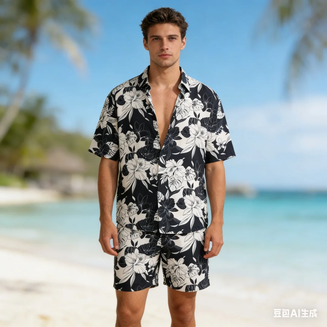 

Mens Summer Monochrome Floral Print Short Sleeve Button Down Shirt Casual Loose Fit Top For Beach Trips Perfect For Daily Wear