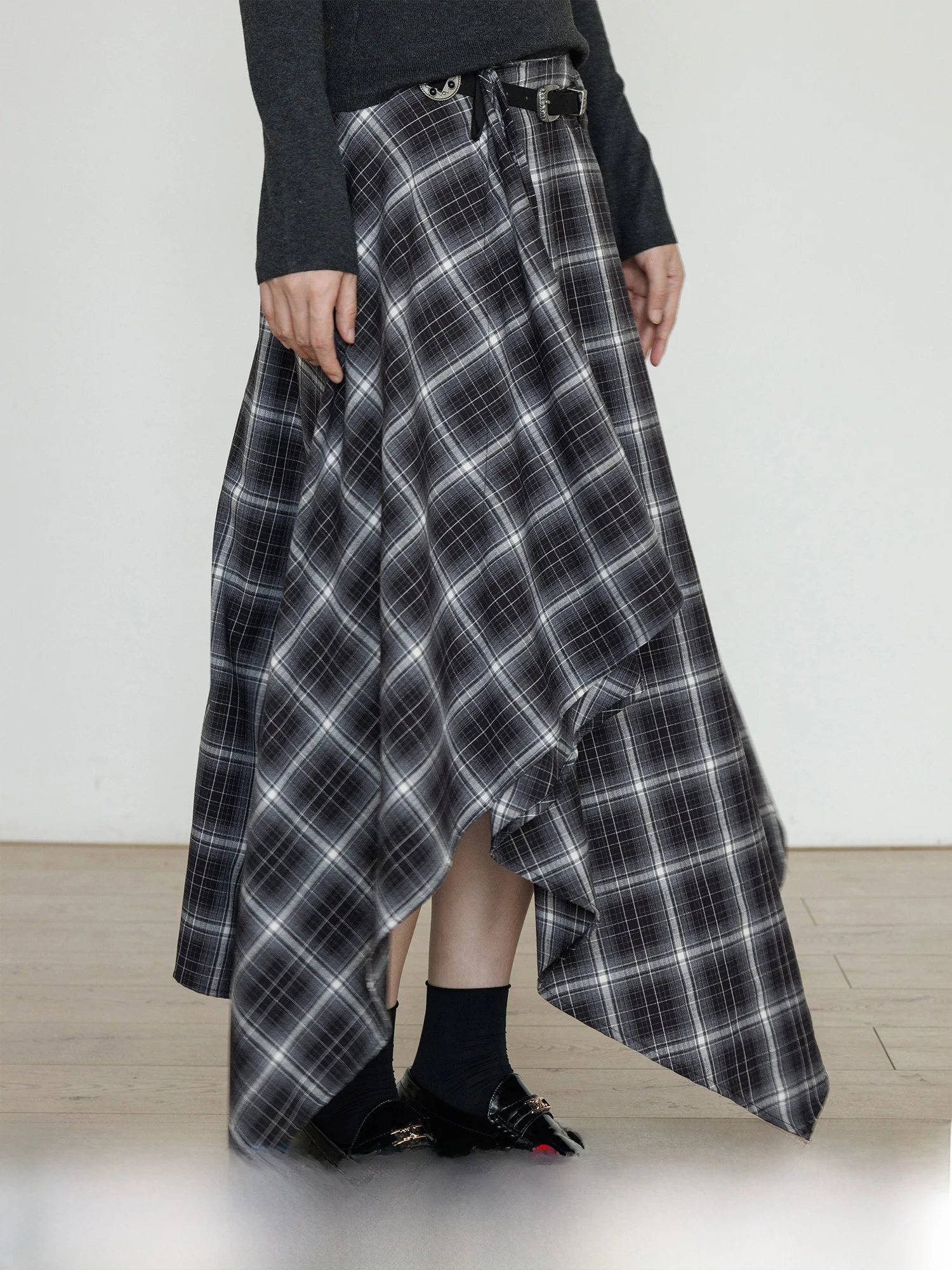 

Spring High Waist Plaid Asymmetrical Skirt Women's Casual Old Money Sle A-Line Long Skirt Ci Commute Polyester Blend
