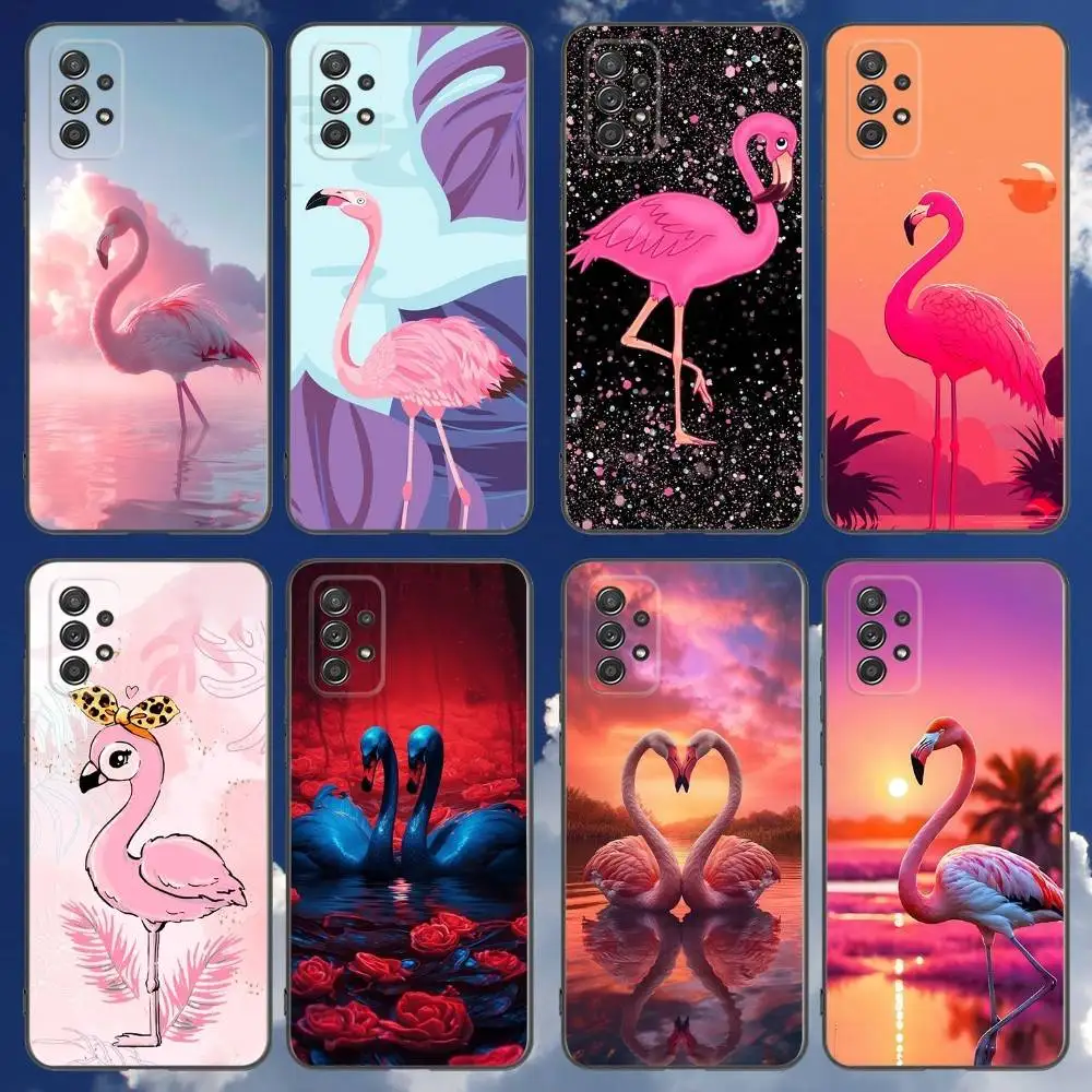 Bonita funda de teléfono con flamenco rosa para Samsung Galaxy A 91,80,73,72,71,53,52,51,22,5G, funda negra suave a prueba de golpes