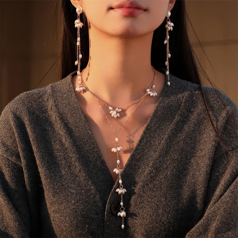 

1Pc/Pair Vintage Long Tassel Necklace For Women Girls Exquisite Fashionable Bracelet Exaggerated Versatile Earrings Gifts
