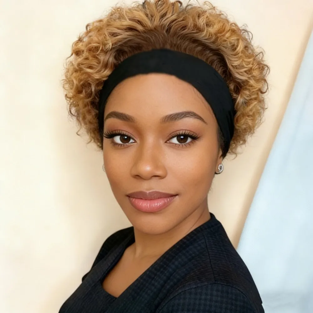 

99j pixie wig machine made 6inch Short Curly Headband Wig Human Hair Pixie Cut Wig for Women Natural Black Color 150% density