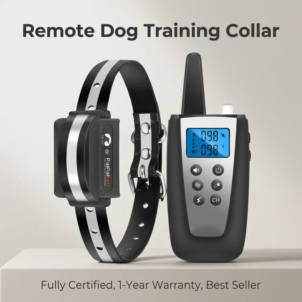 Dog Training Collar Remote 1000M Beep - 遠隔操作式ドッグトレーニング首輪。送信機1台、受信機2台、ビープ音、振動、静電気ショック機能付き。最大1000mの通信距離、IPX7防水規格、1年間の保証。