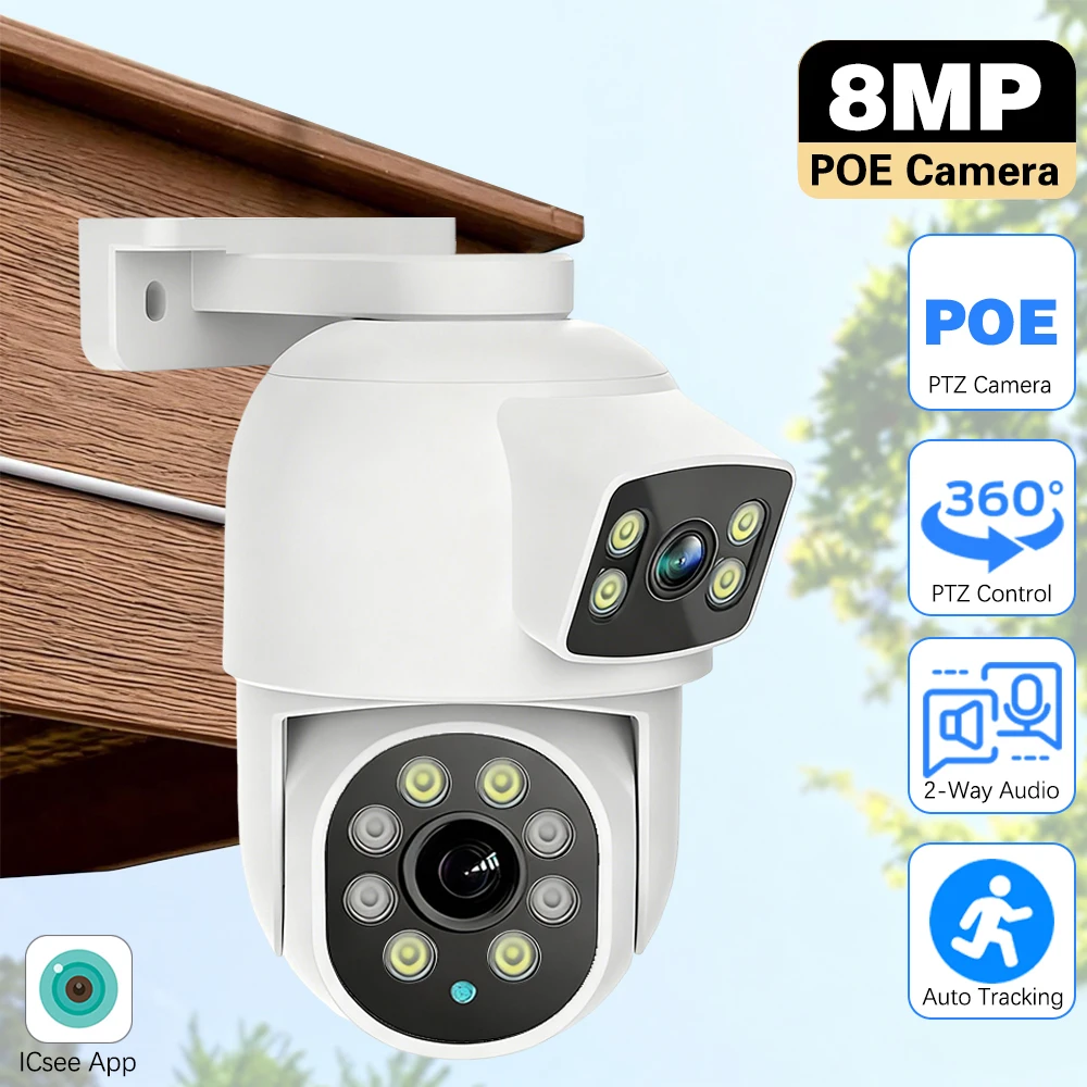 

8MP 4K ICsee Dual Lens Dome PTZ Camera WIFI+POE Rj45 Network Security Monitoring 360° Tracking Home Outdoor Built-In Microphone