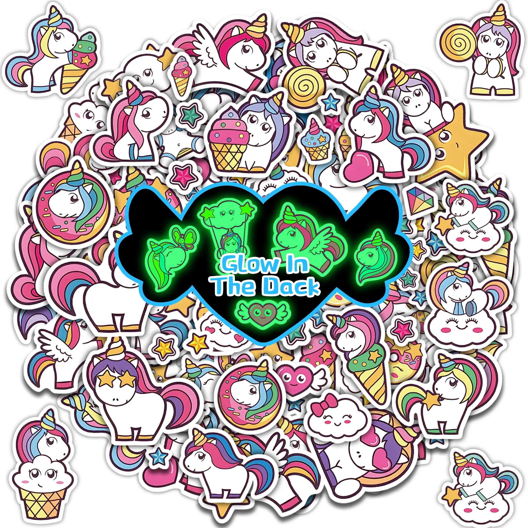 

Светящиеся в темноте Мультяшные милые единороги наклейки самоклеящиеся Водные Наклейки для скейтборда детская игрушка