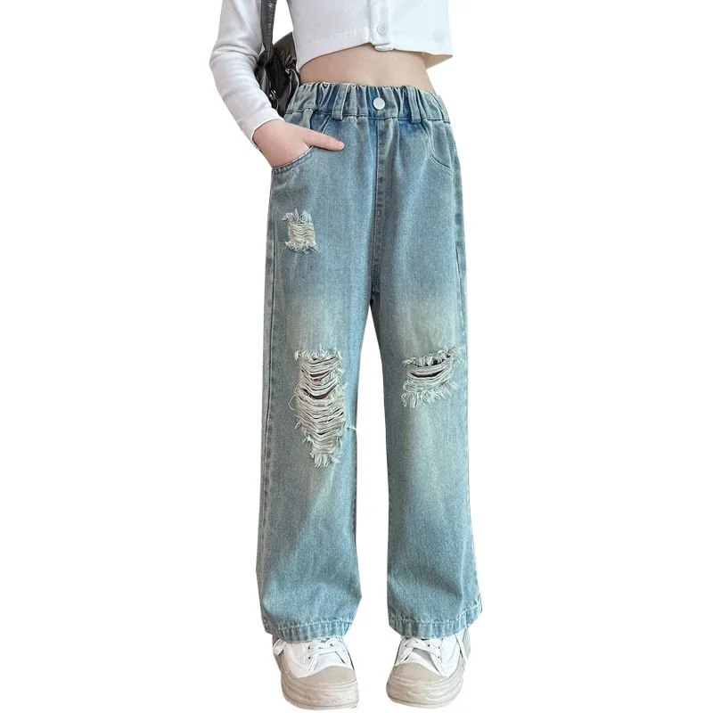 Vintage Ripped Jeans for Girls Fashion High Waist 2024 Spring Autumn Broken Hole Wide Leg Pants Kids Teen Denim Trousers 5-14Yrs