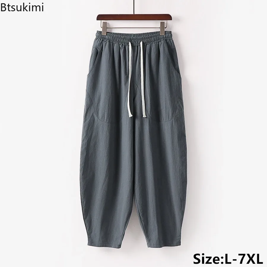 

Summer Solid Cotton Linen Pants Men's Baggy Casual Ankle-length Pants Chinese Style Retro Drawstring Harem Pants Male Sweatpants