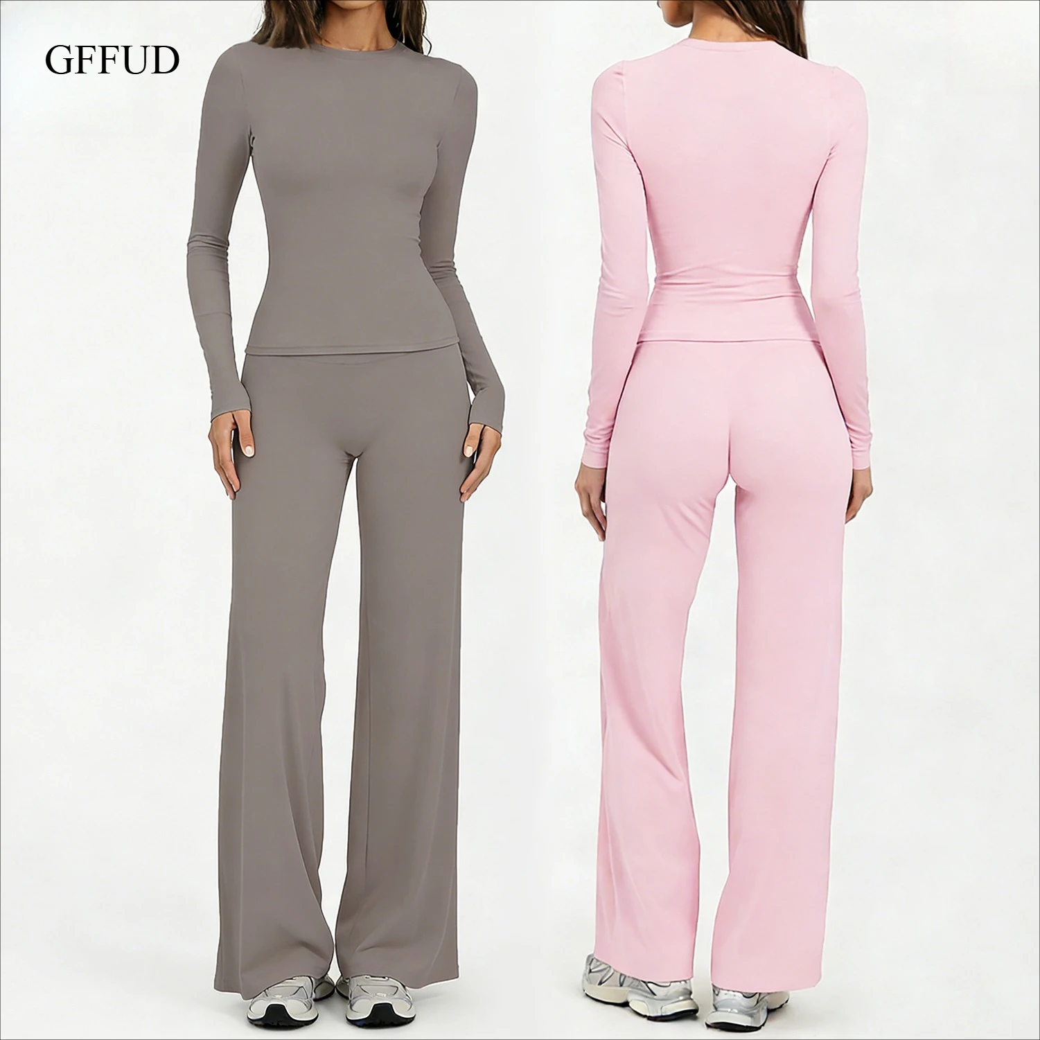 Women Yoga Set Two Piece Outfits Cropped Long Sleeve Top High Waist Wide Leg Pants Buttery Soft Creamy Texture Gym Wear