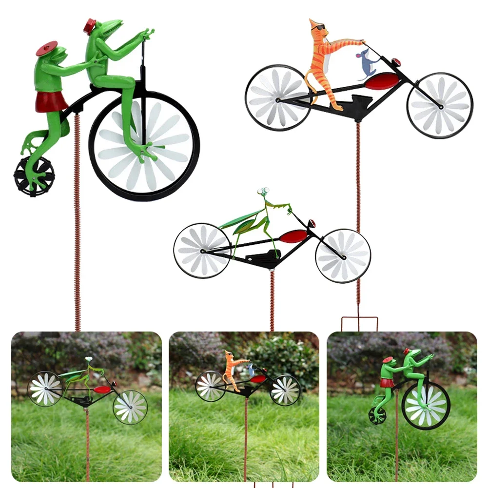 Molino de viento de bicicleta para montar animales de hierro, estaca de jardín de dibujos animados, molino de viento, decoración de jardín para el hogar, Spinner de viento, decoración de patio, paisaje