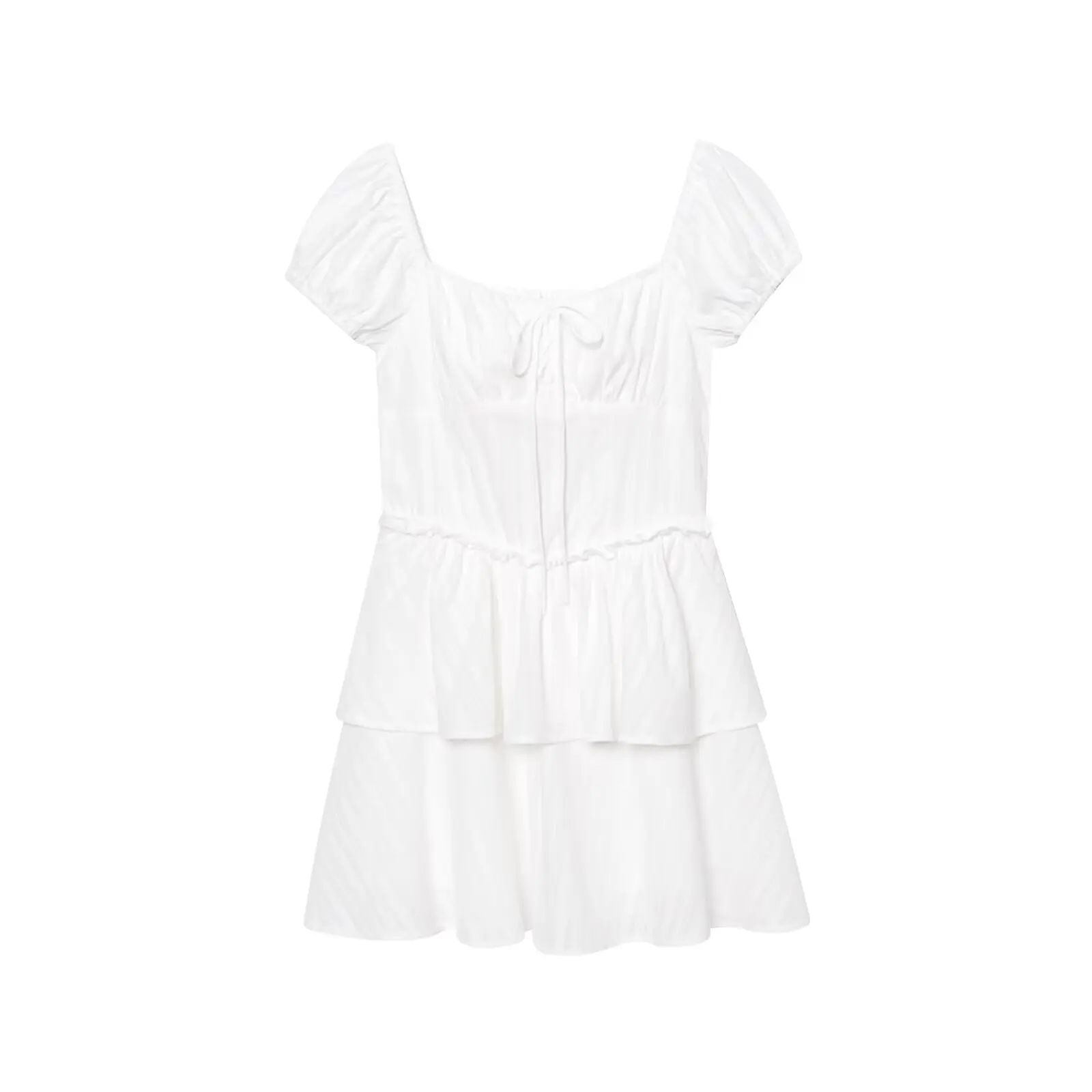 2025 francês retro branco arco gola quadrada manga curta mini vestido feminino orelhas de madeira cintura fina 2 camadas bainha vestidos férias robe