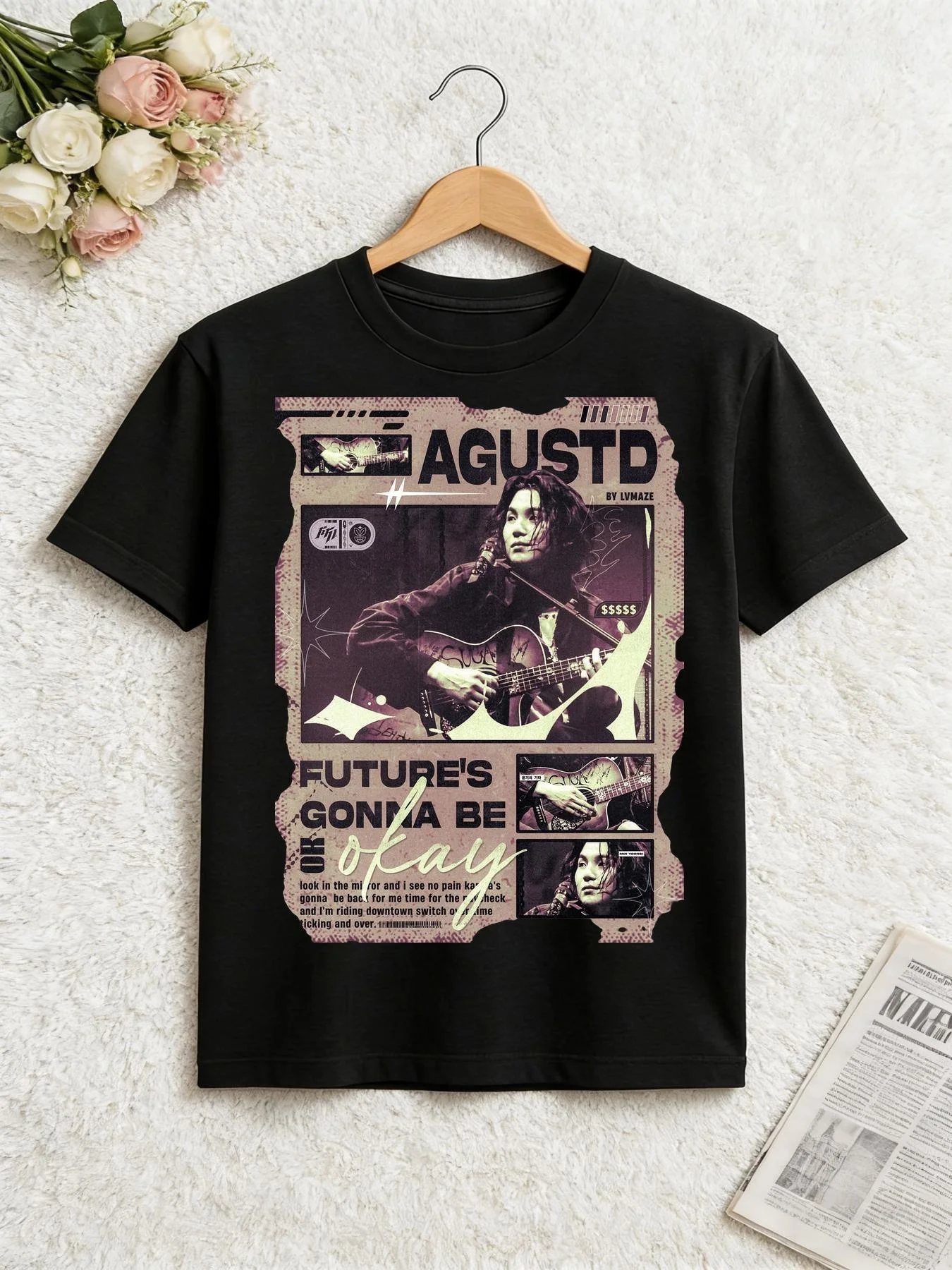100% Baumwolle AGUSTD Musik-T-Shirt - Locker geschnittenes Kurzarm-T-Shirt mit Gitarren-Print, lässiges Rundhals-Oberteil, Oversize-T-Shirt – Detail 3