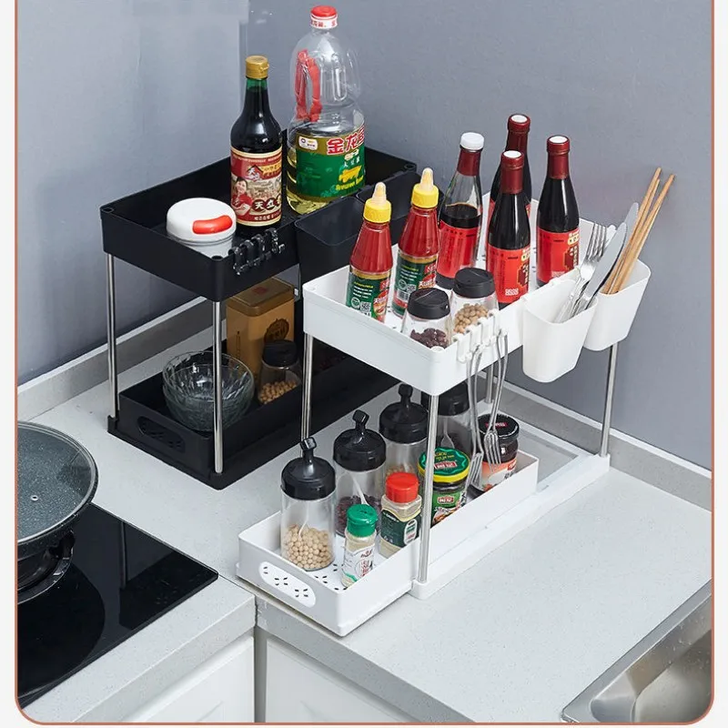 2 Tier Under Sink Organizer Sliding Cabinet Basket Organizer Storage Rack with Hooks Hanging Cup Bathroom Kitchen Organizer