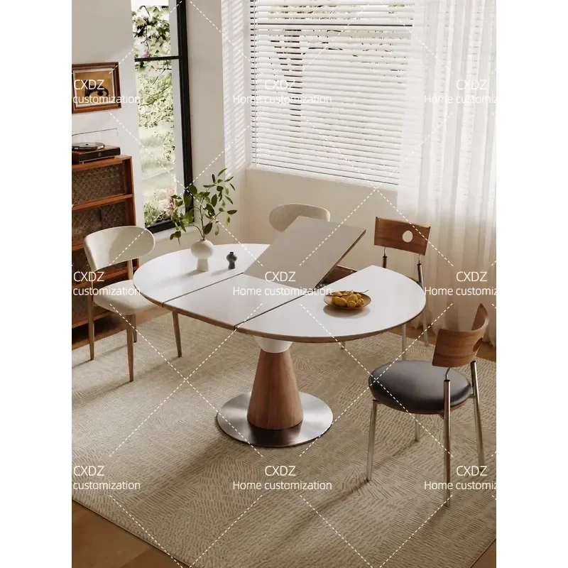 Cream Style Retractable Dining Table Foldable Long to Round Variable Table for Small Apartment Simple Household Furniture Set