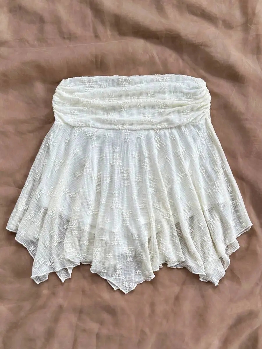 

White High-Waisted Asymmetrical Hem Knit A-Line Skirt For Summer Vacation Graduation Wedding Events