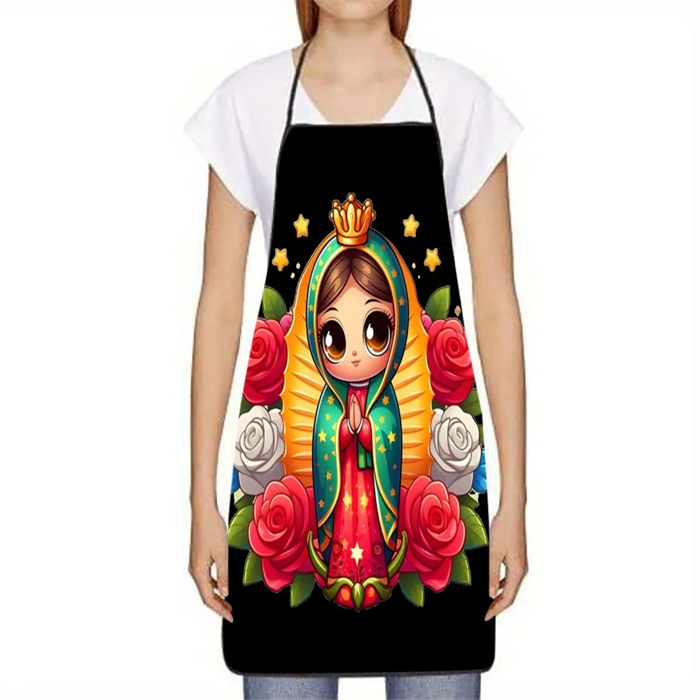 Virgin Mary Guadalupe Apron, Religious Catholic Art Graphic Cooking Bib, Roses and Stars Design, Faith Gift for Mom