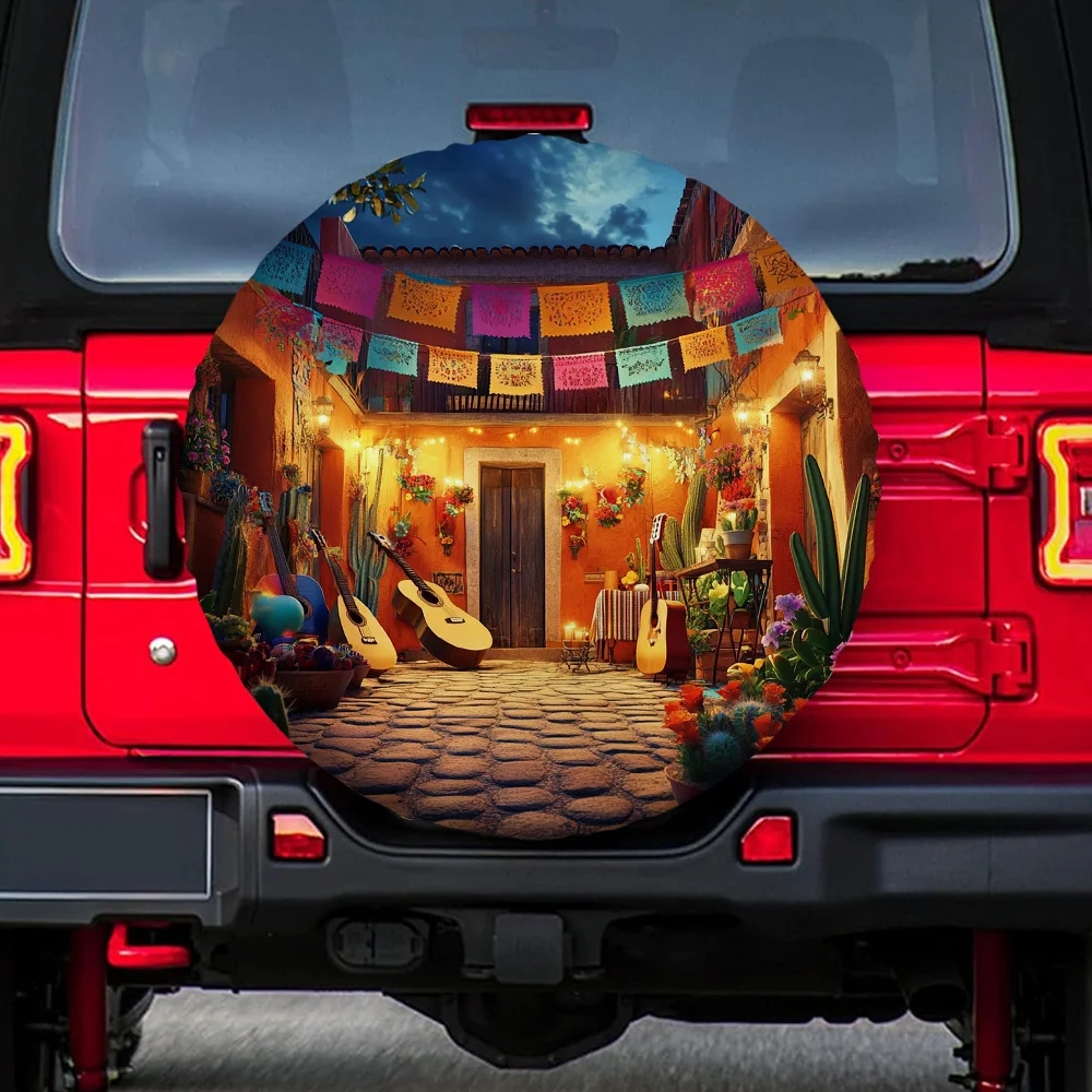 1pc 2D Flat Printing Traditional Mexican Day Of The Dead Tire Covers Garden Cactus Machine Washable Fabric Without Electricity C