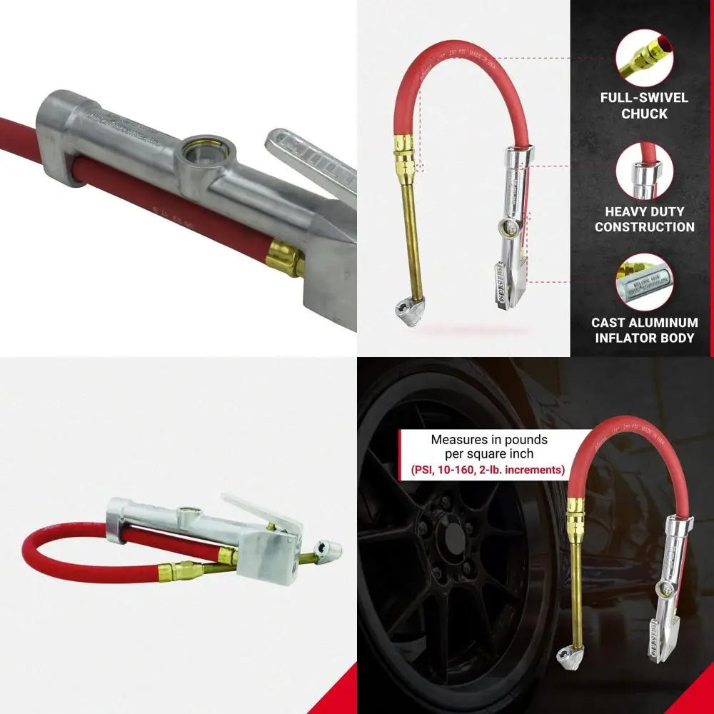 

New & Improved - Tire Inflator Gauge with Dual Head Air Chuck 15” Air Hose 10-160 PSI
