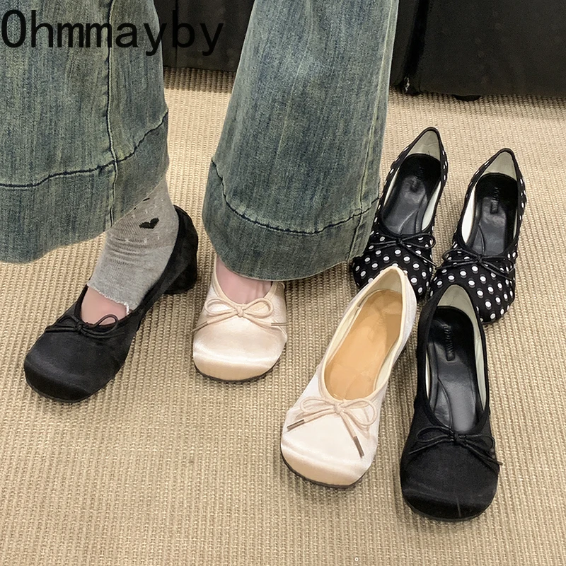 

Весенние женские балетки в горошек, дизайнерские туфли Мэри Джейн с бантом-бабочкой, женские элегантные туфли на толстом каблуке
