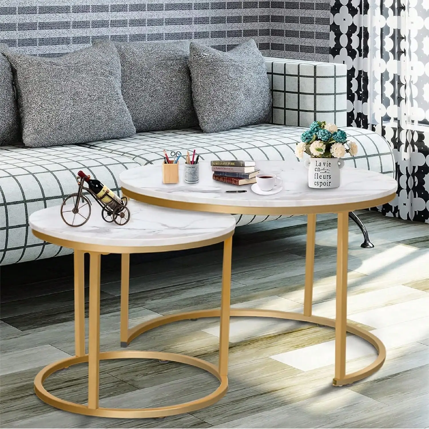 

Coffee Table Nesting White Set Of 2 Side Set Golden Frame Circular And Marble Pattern Wooden Tables